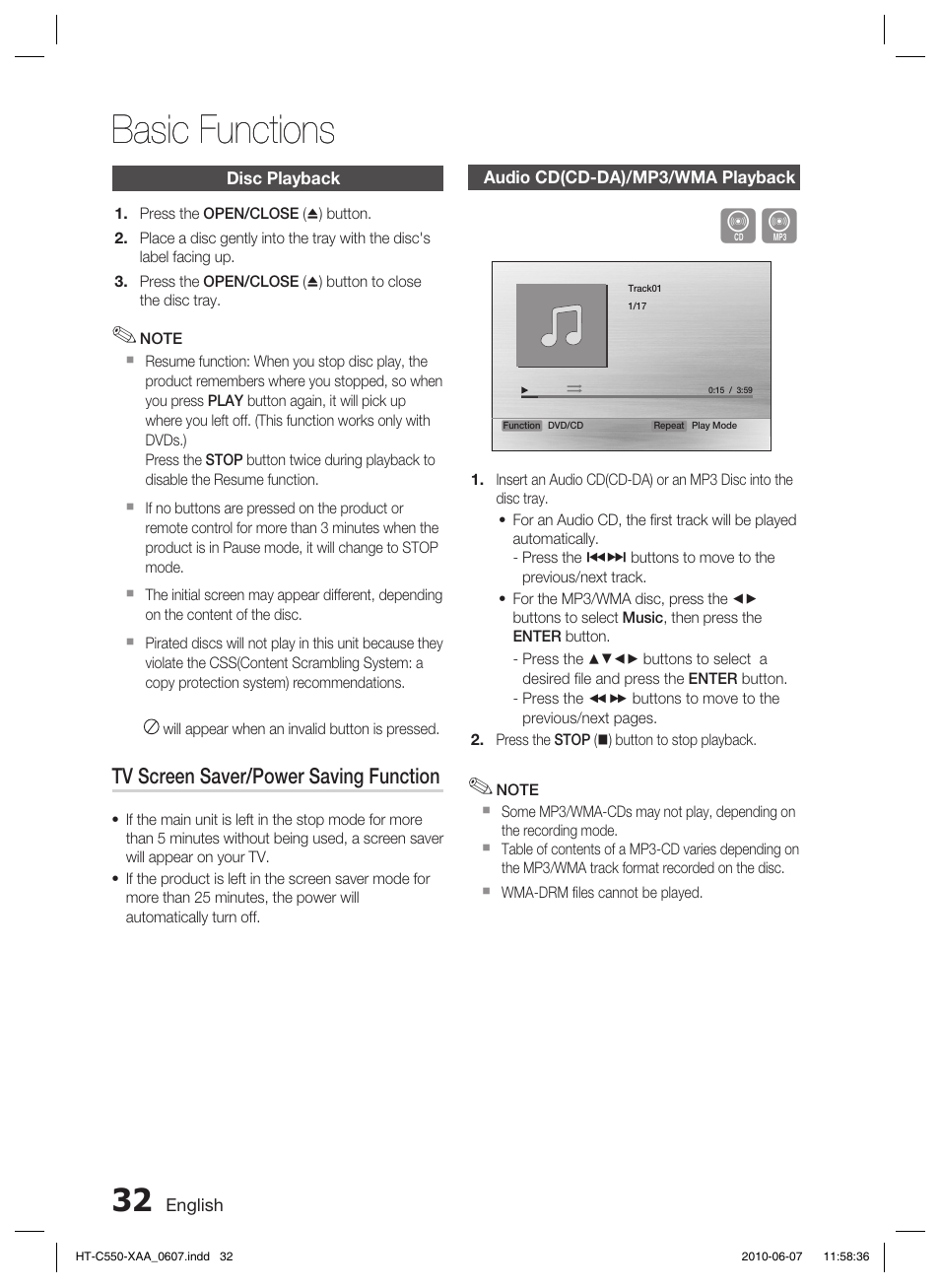 Basic functions, Disc playback, Audio cd(cd-da)/mp3/wma playback | Tv screen saver/power saving function | Samsung HT-C555 User Manual | Page 32 / 51