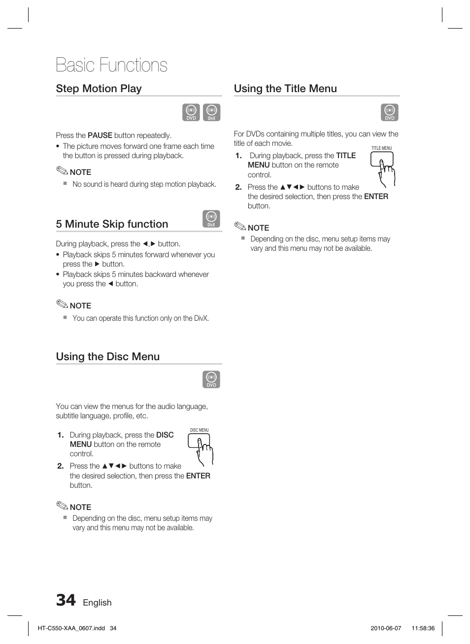 Basic functions | Samsung HT-C555 User Manual | Page 34 / 51