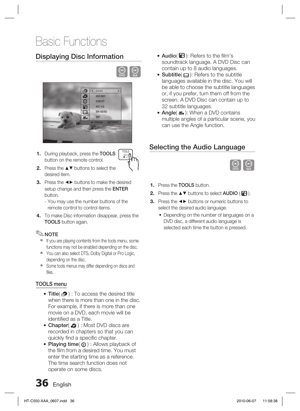 Basic functions, Displaying disc information, Selecting the audio language | Samsung HT-C555 User Manual | Page 36 / 51