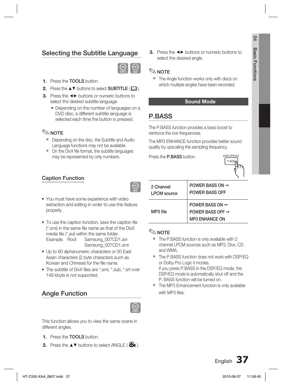 Sound mode, Selecting the subtitle language, Angle function | P.bass | Samsung HT-C555 User Manual | Page 37 / 51