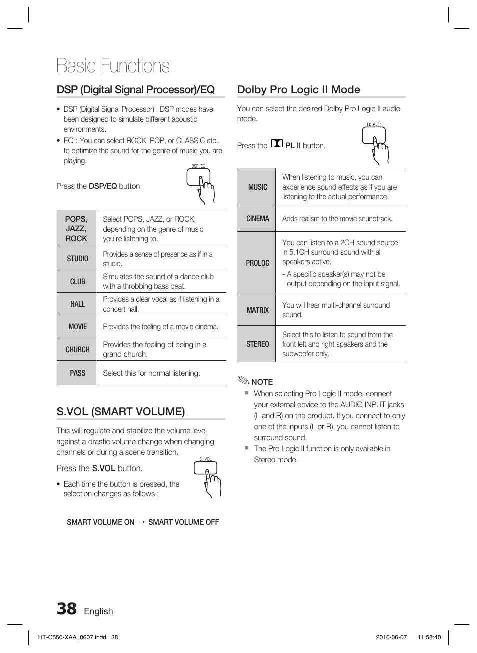 Basic functions, Dsp (digital signal processor)/eq, S.vol (smart volume) | Dolby pro logic ii mode | Samsung HT-C555 User Manual | Page 38 / 51