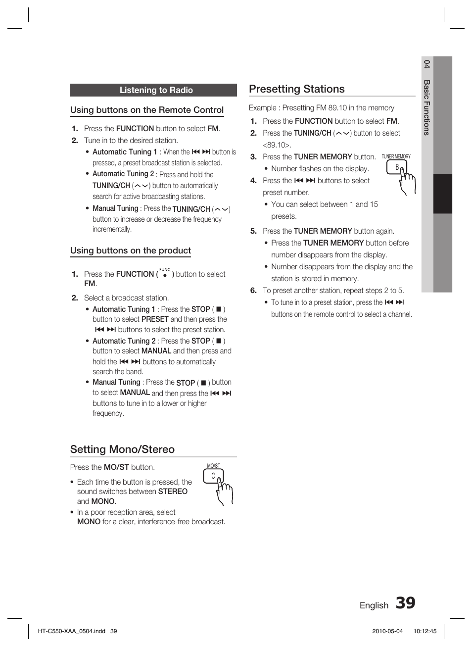 Listening to radio, Setting mono/stereo, Presetting stations | Samsung HT-C555 User Manual | Page 39 / 51