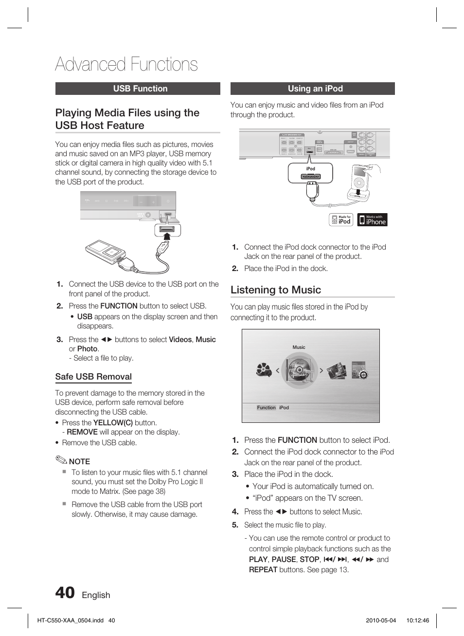 Advanced functions, Usb function, Using an ipod | Playing media files using the usb host feature, Listening to music, English, Safe usb removal | Samsung HT-C555 User Manual | Page 40 / 51