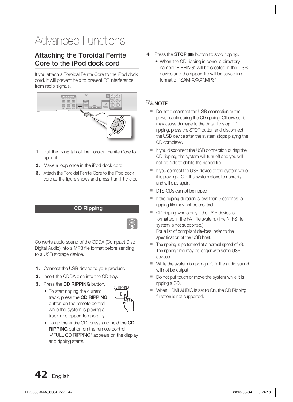 Cd ripping, Advanced functions, English | Samsung HT-C555 User Manual | Page 42 / 51