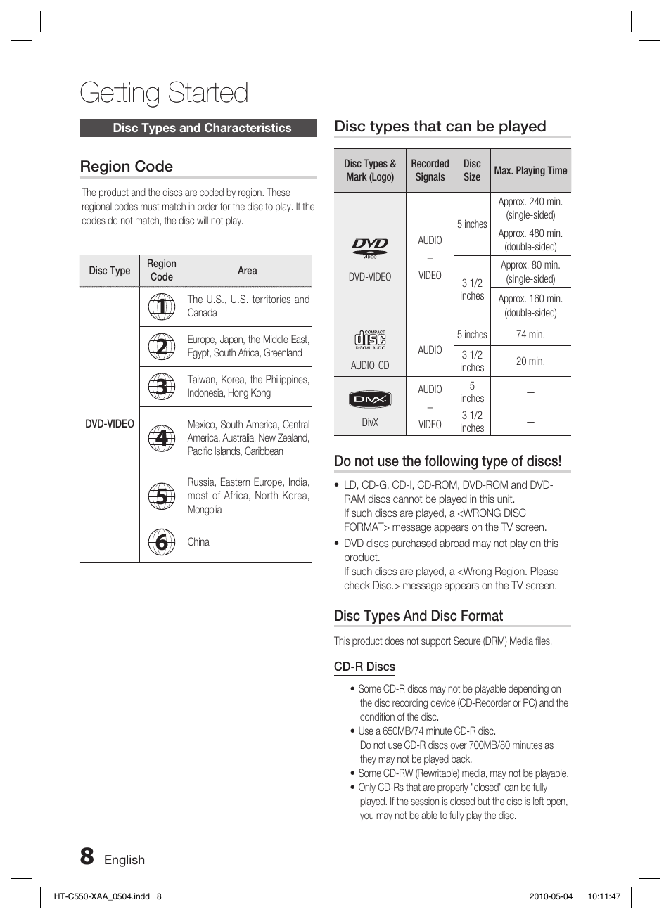 Getting started | Samsung HT-C555 User Manual | Page 8 / 51