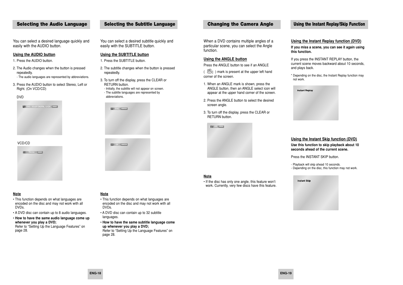 Selecting the audio language, Selecting the subtitle language, Changing the camera angle | Using the instant replay/skip function | Samsung AK68-00411A User Manual | Page 10 / 18