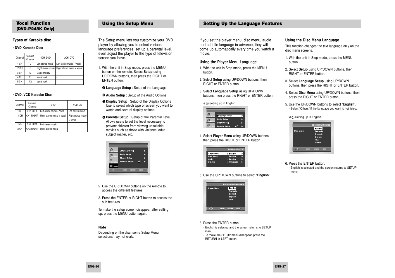 Using the setup menu, Setting up the language features, Vocal function | Samsung AK68-00411A User Manual | Page 14 / 18