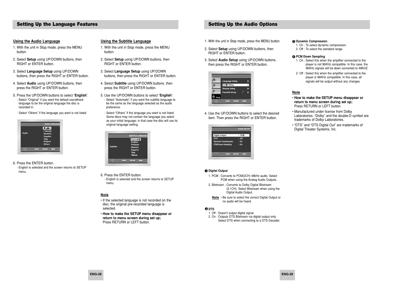 Setting up the audio options, Setting up the language features | Samsung AK68-00411A User Manual | Page 15 / 18