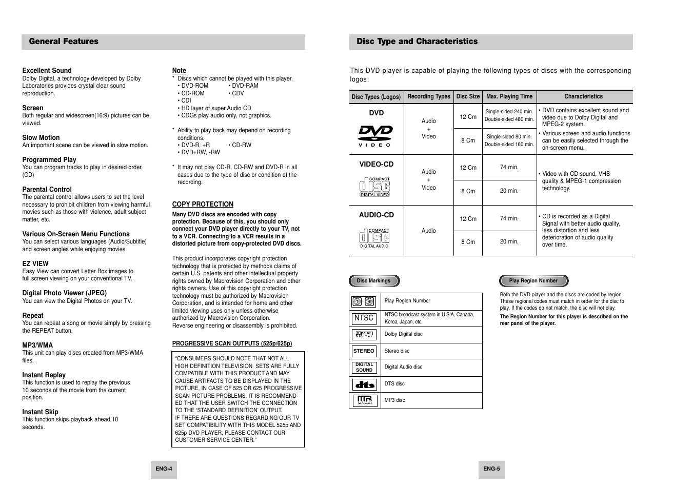 General features, Disc type and characteristics | Samsung AK68-00411A User Manual | Page 3 / 18