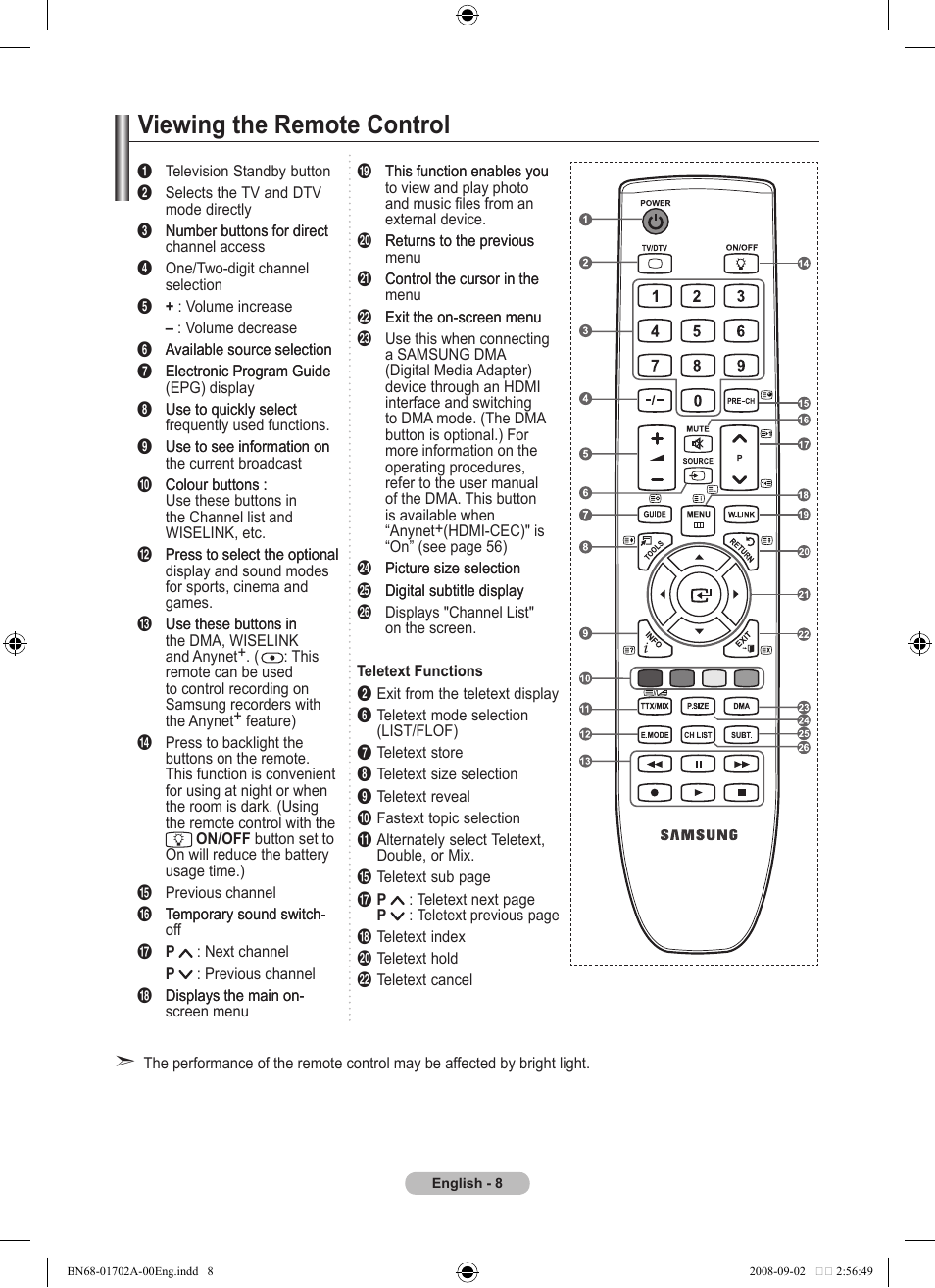 Viewing the remote control | Samsung BN68-01702A-00 User Manual | Page 10 / 69