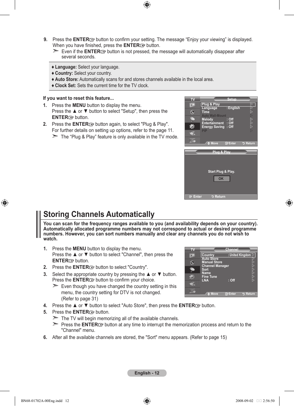 Setting the channels, Storing channels automatically | Samsung BN68-01702A-00 User Manual | Page 14 / 69