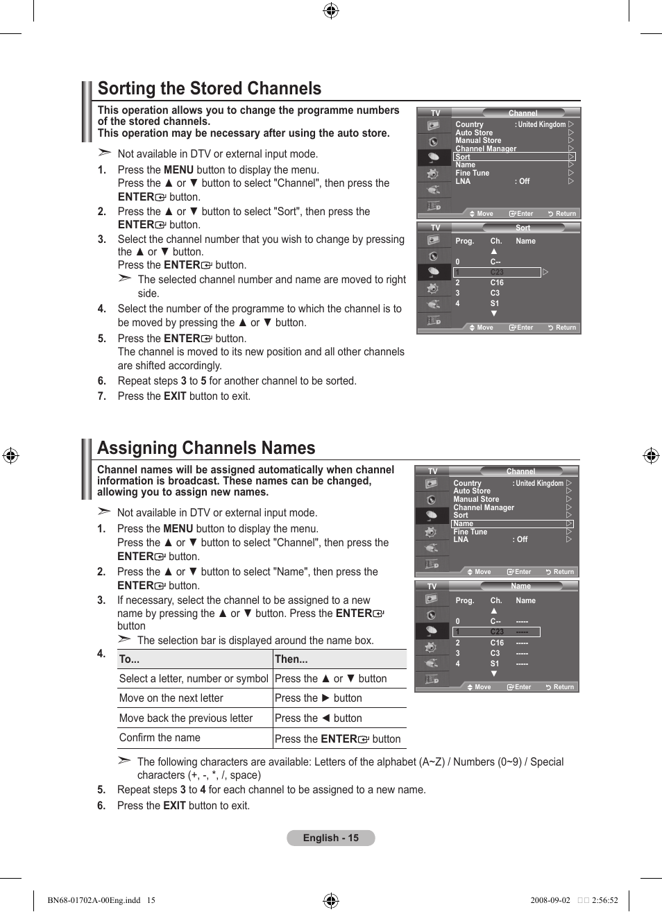 Sorting the stored channels, Assigning channels names | Samsung BN68-01702A-00 User Manual | Page 17 / 69