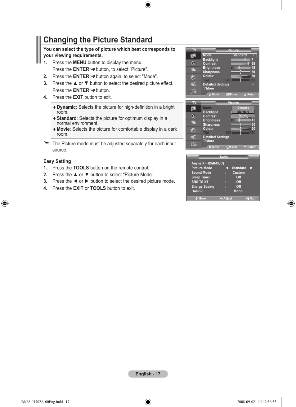 Setting the picture, Changing the picture standard | Samsung BN68-01702A-00 User Manual | Page 19 / 69