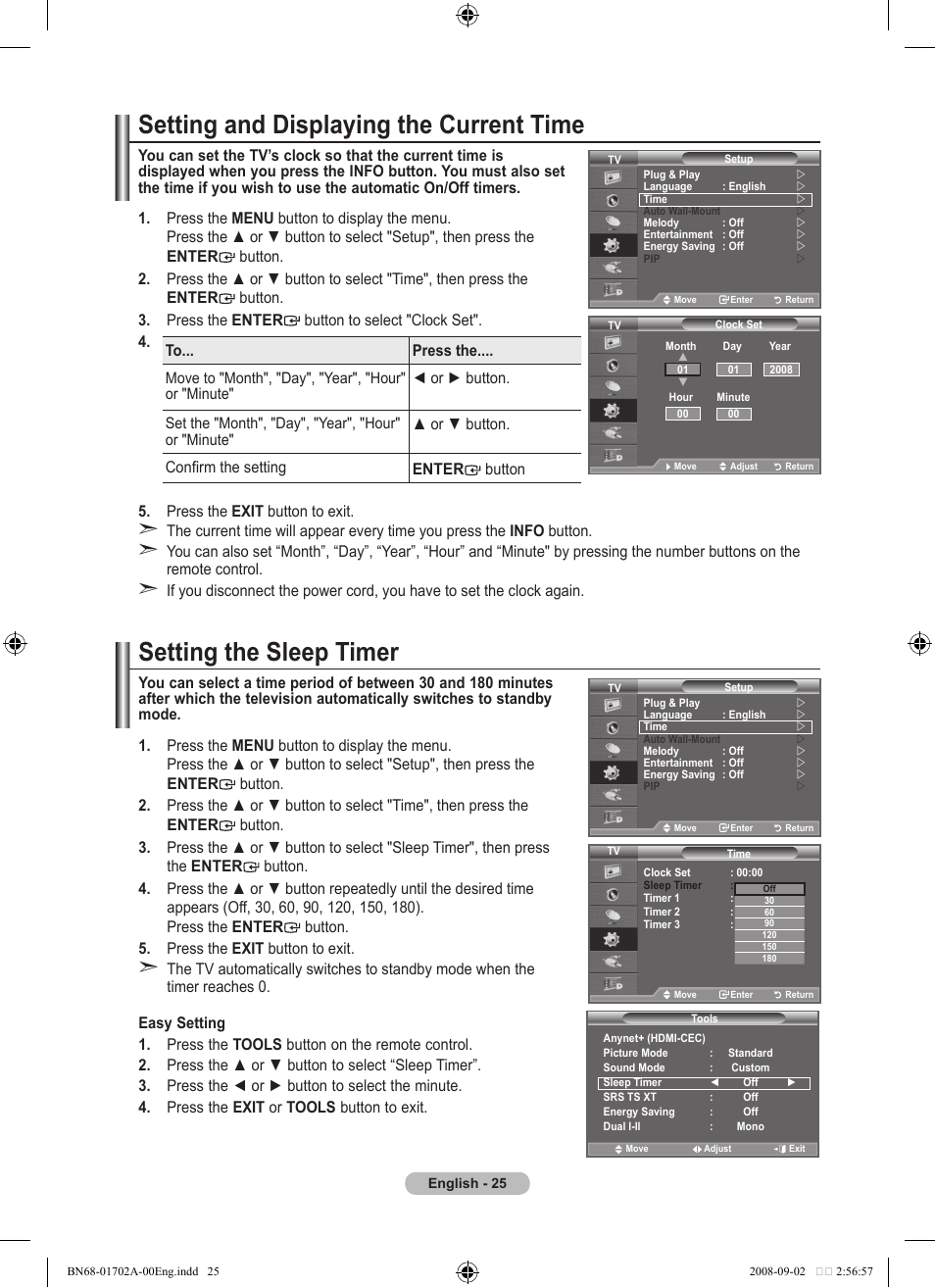 Setting the time, Setting and displaying the current time, Setting the sleep timer | Switching the television on and off automatically, To... press the, Or ► button, Or ▼ button. confirm the setting enter button | Samsung BN68-01702A-00 User Manual | Page 27 / 69