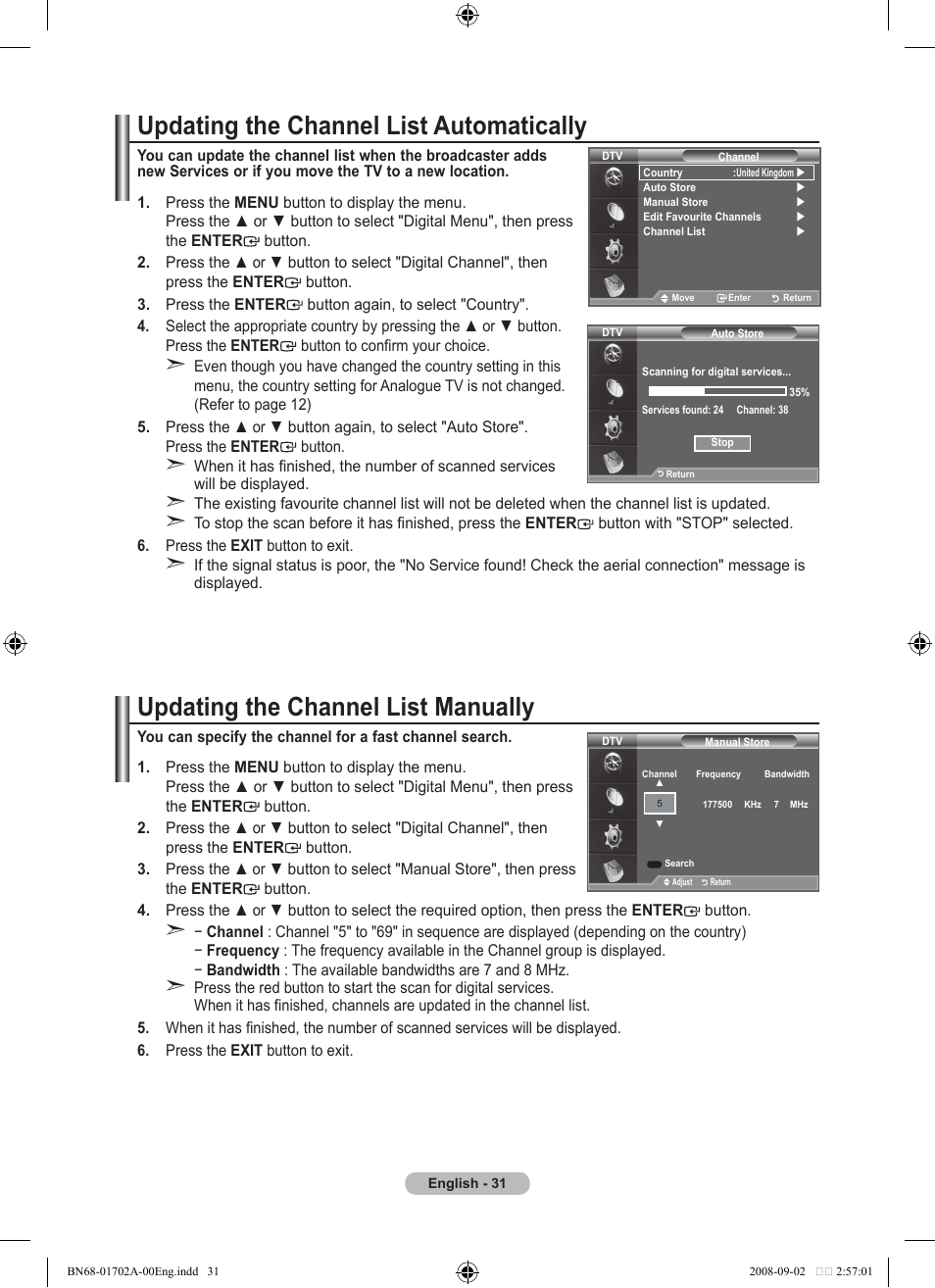 Updating the channel list automatically, Updating the channel list manually | Samsung BN68-01702A-00 User Manual | Page 33 / 69