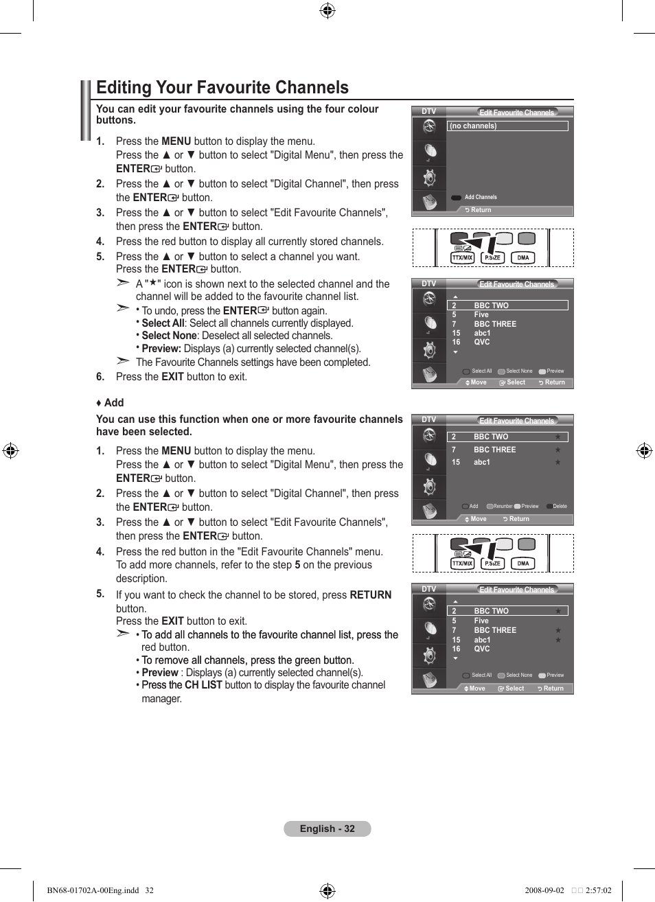 Editing your favourite channels | Samsung BN68-01702A-00 User Manual | Page 34 / 69