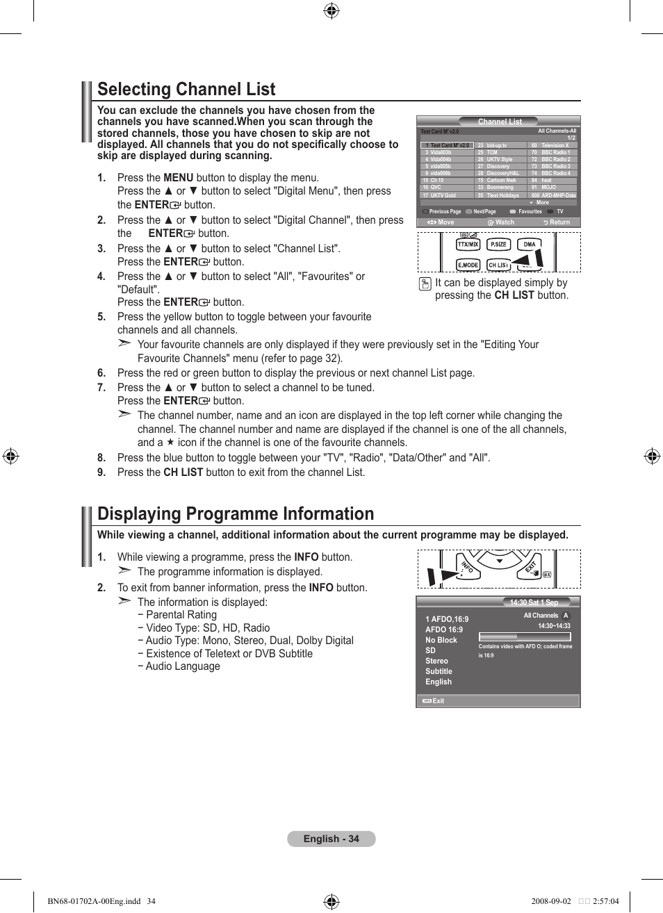 Selecting channel list, Displaying programme information | Samsung BN68-01702A-00 User Manual | Page 36 / 69