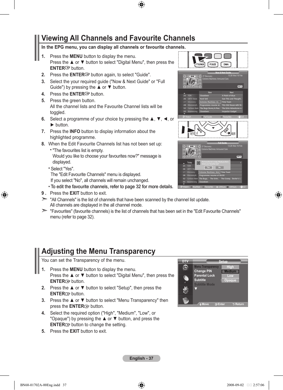 Viewing all channels and favourite channels, Adjusting the menu transparency | Samsung BN68-01702A-00 User Manual | Page 39 / 69