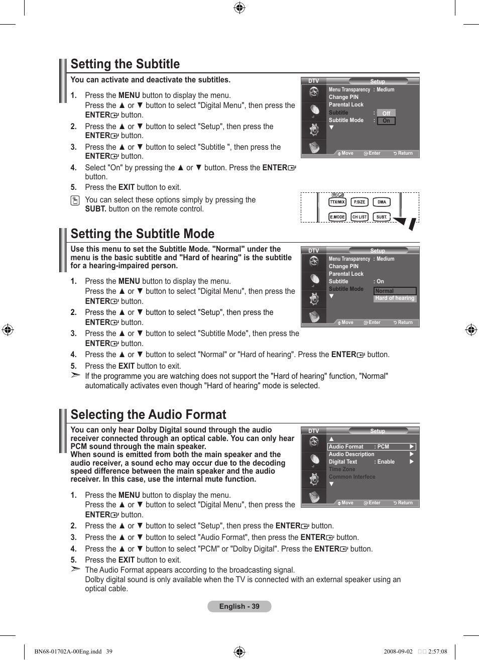 Setting the subtitle, Setting the subtitle mode, Selecting the audio format | Samsung BN68-01702A-00 User Manual | Page 41 / 69
