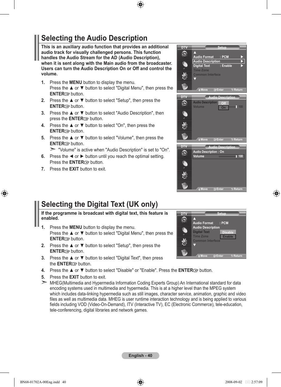 Selecting the audio description, Selecting the digital text (uk only) | Samsung BN68-01702A-00 User Manual | Page 42 / 69