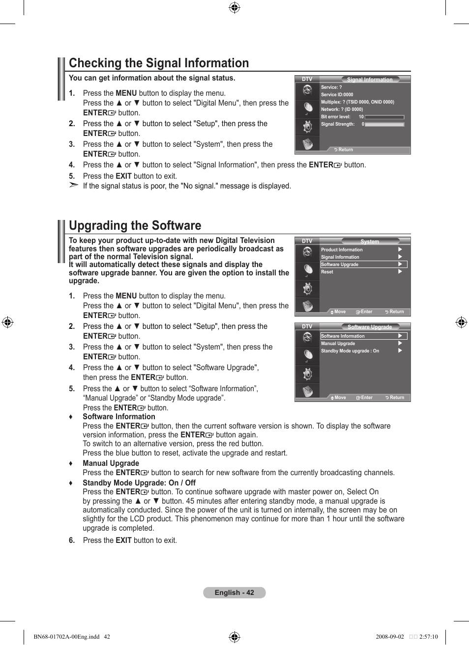 Checking the signal information, Upgrading the software | Samsung BN68-01702A-00 User Manual | Page 44 / 69