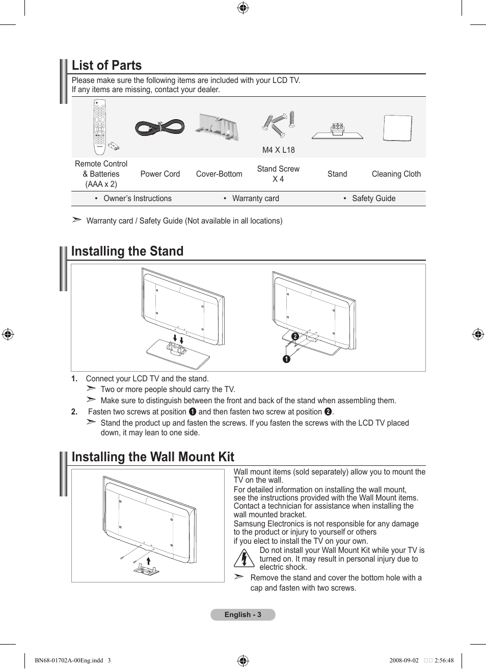 List of parts, Installing the stand, Installing the wall mount kit | Samsung BN68-01702A-00 User Manual | Page 5 / 69