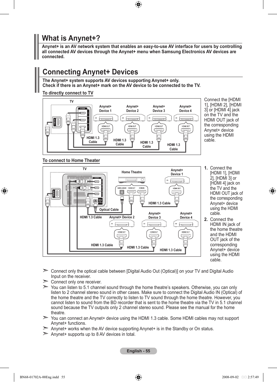About anynet, What is anynet, Connecting anynet+ devices | Samsung BN68-01702A-00 User Manual | Page 57 / 69