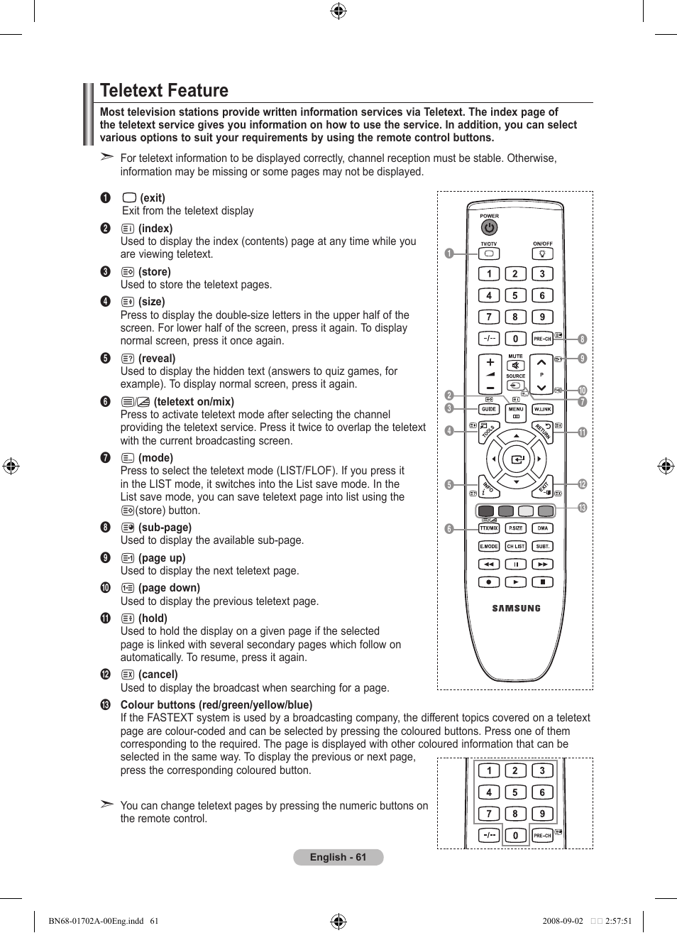 Recommendations for use, Teletext feature | Samsung BN68-01702A-00 User Manual | Page 63 / 69