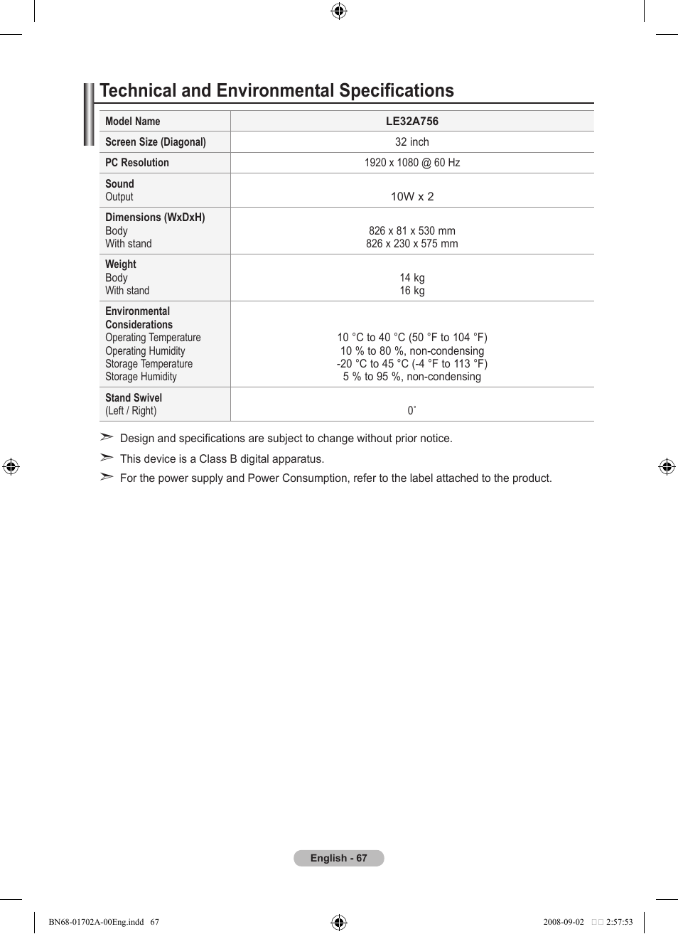 Technical and environmental specifications | Samsung BN68-01702A-00 User Manual | Page 69 / 69