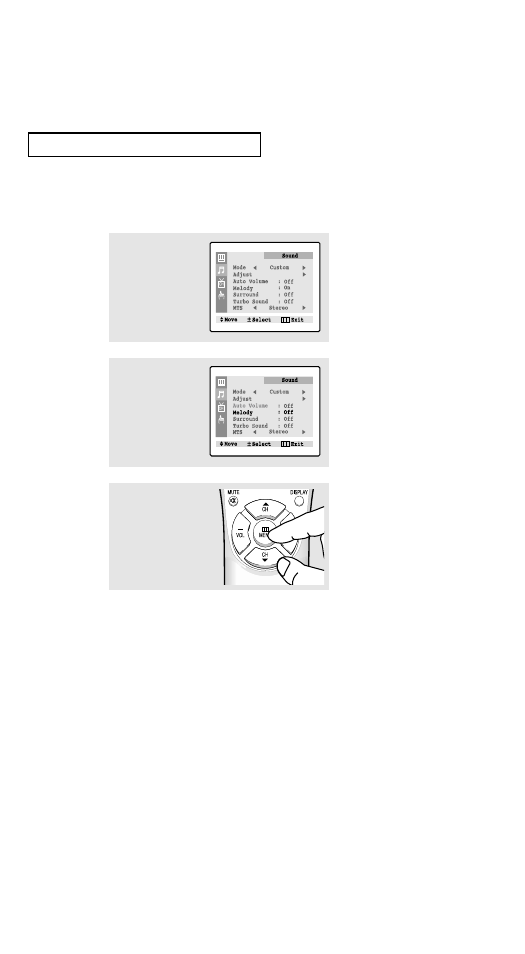 Setting the on/off melody | Samsung TXN2734F User Manual | Page 38 / 59