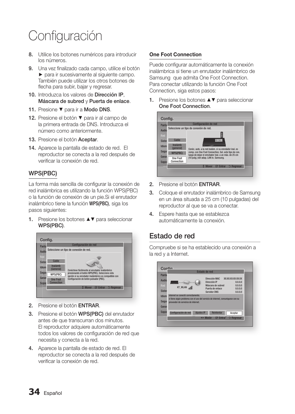 Configuración, Estado de red, Wps(pbc) | Español | Samsung BD-D5300 User Manual | Page 102 / 135