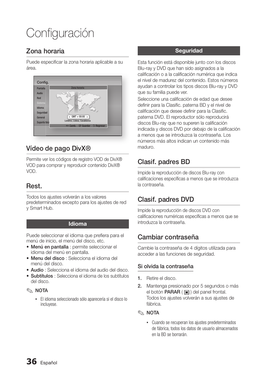 Configuración, Zona horaria, Vídeo de pago divx | Rest, Clasif. padres bd, Clasif. padres dvd, Cambiar contraseña | Samsung BD-D5300 User Manual | Page 104 / 135