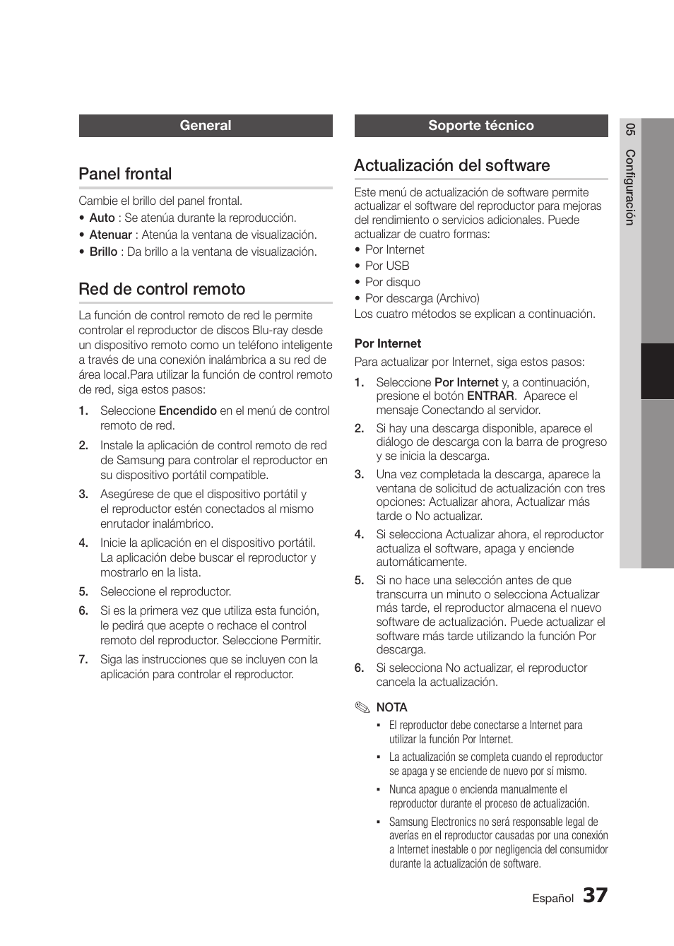 Panel frontal, Red de control remoto, Actualización del software | Samsung BD-D5300 User Manual | Page 105 / 135