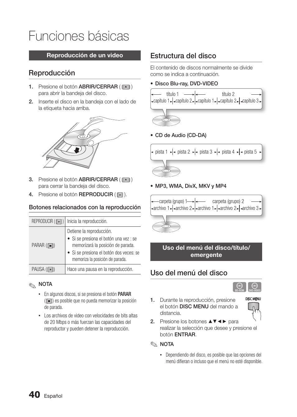Funciones básicas, Reproducción, Estructura del disco | Uso del menú del disco | Samsung BD-D5300 User Manual | Page 108 / 135