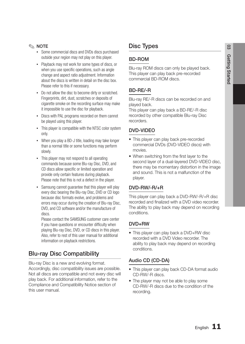 Blu-ray disc compatibility, Disc types | Samsung BD-D5300 User Manual | Page 11 / 135
