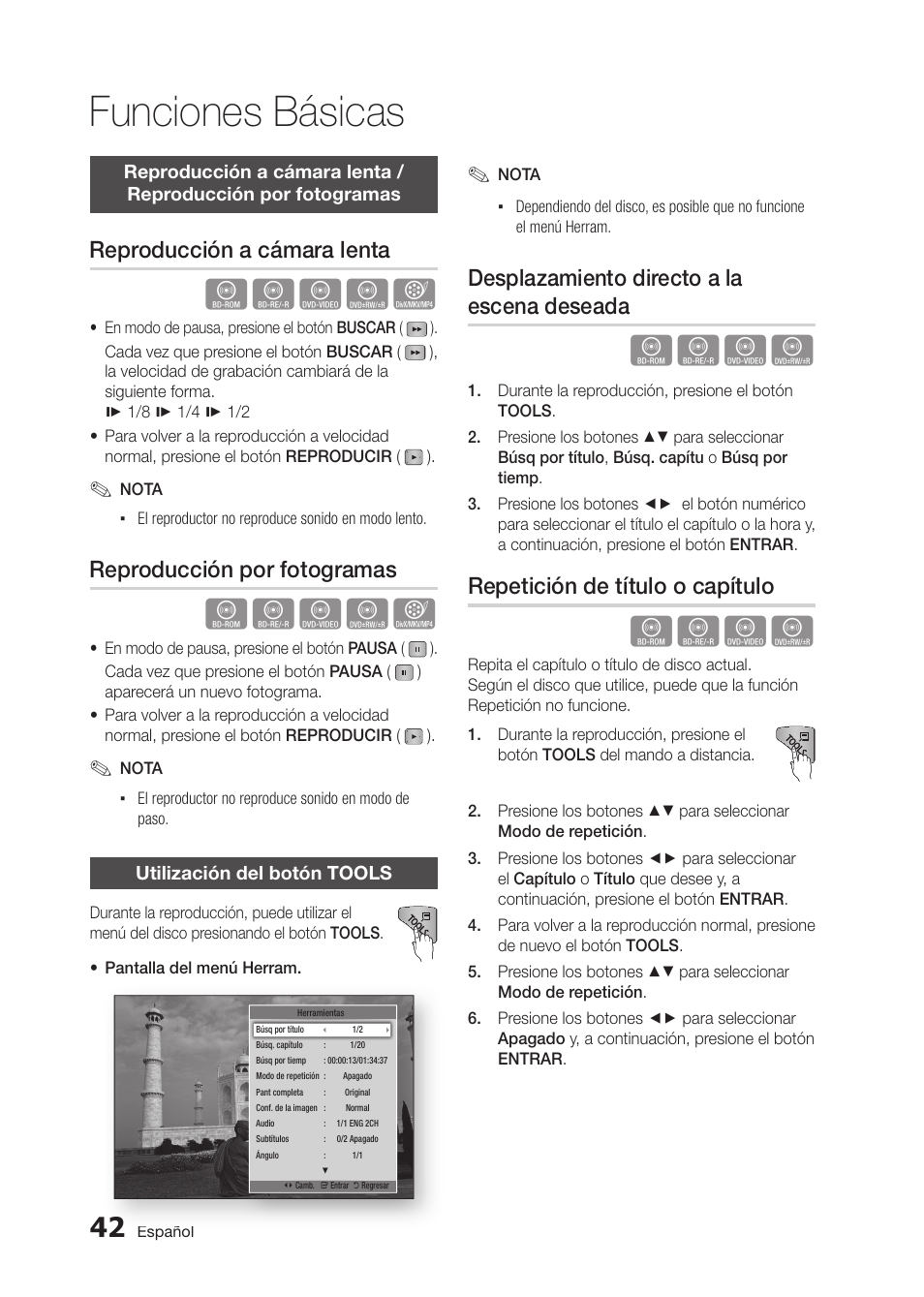 Funciones básicas, Hzzyx, Hzzy | Reproducción a cámara lenta, Reproducción por fotogramas, Desplazamiento directo a la escena deseada, Repetición de título o capítulo | Samsung BD-D5300 User Manual | Page 110 / 135