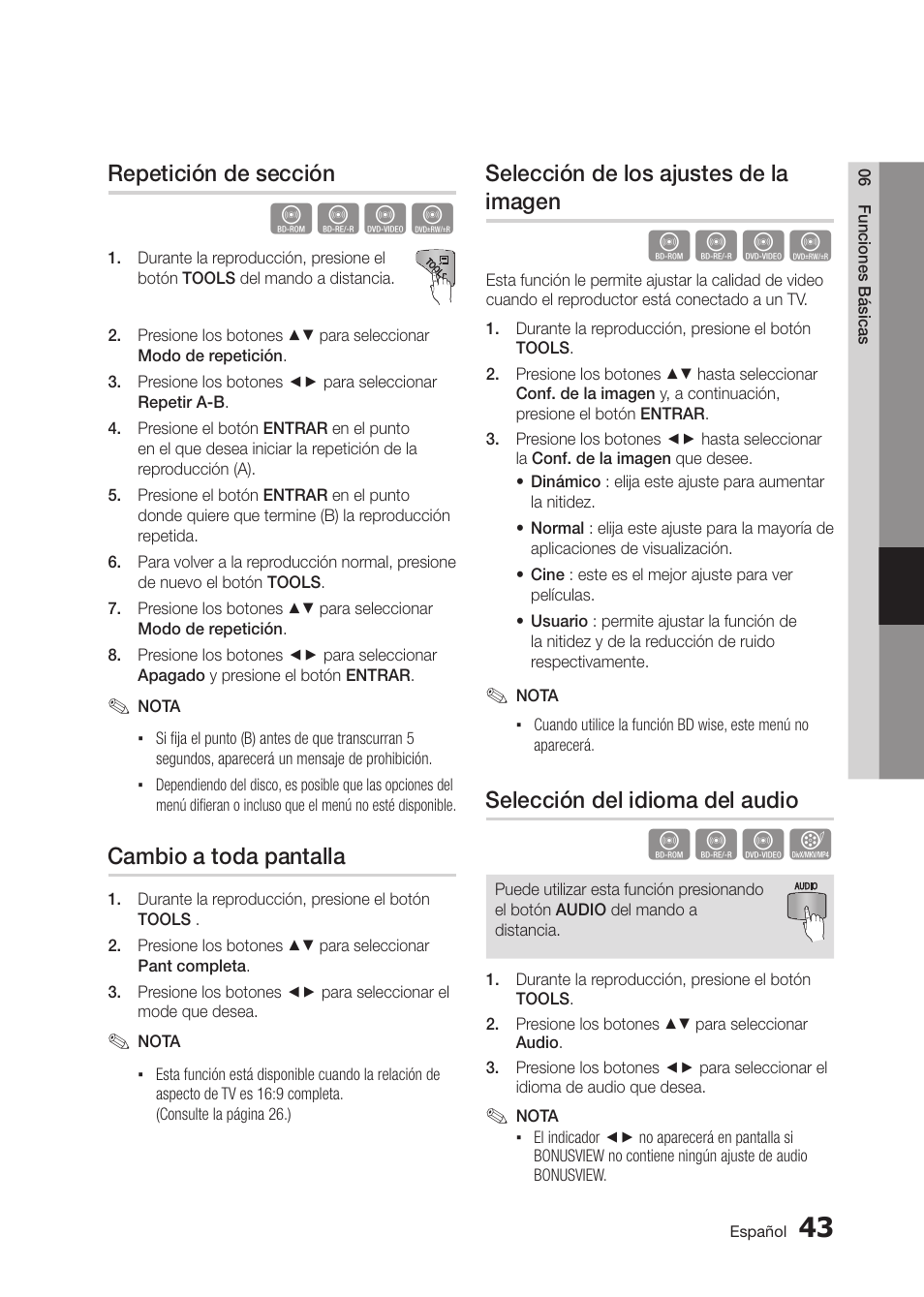 Hzzy, Hzzx, Repetición de sección | Cambio a toda pantalla, Selección de los ajustes de la imagen, Selección del idioma del audio | Samsung BD-D5300 User Manual | Page 111 / 135