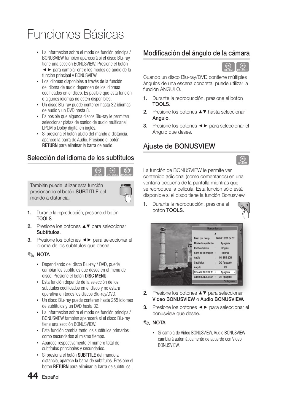 Funciones básicas, Selección del idioma de los subtítulos, Modificación del ángulo de la cámara | Ajuste de bonusview | Samsung BD-D5300 User Manual | Page 112 / 135
