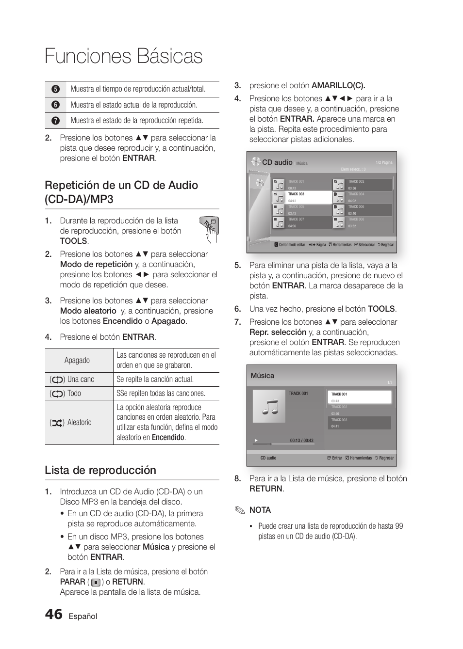 Funciones básicas, Repetición de un cd de audio (cd-da)/mp3, Lista de reproducción | Samsung BD-D5300 User Manual | Page 114 / 135