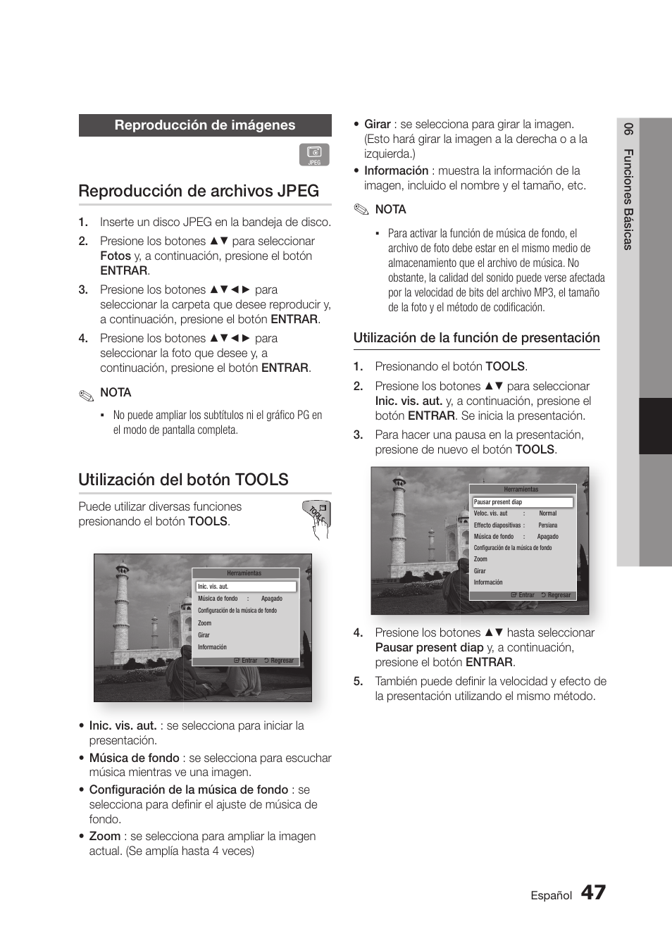 Reproducción de archivos jpeg, Utilización del botón tools | Samsung BD-D5300 User Manual | Page 115 / 135