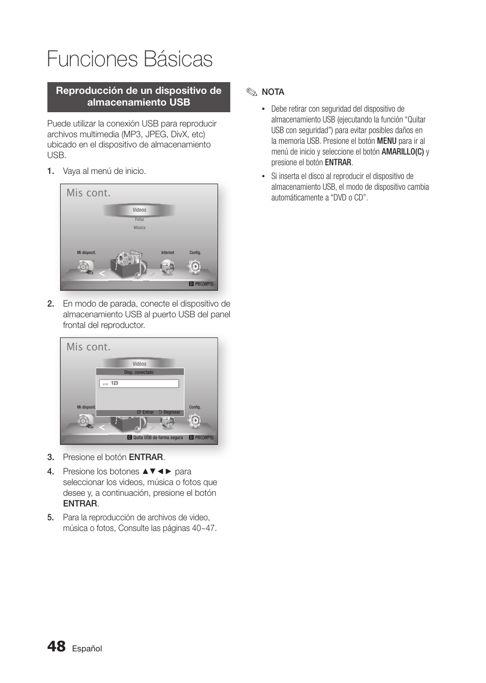 Funciones básicas, Mis cont | Samsung BD-D5300 User Manual | Page 116 / 135