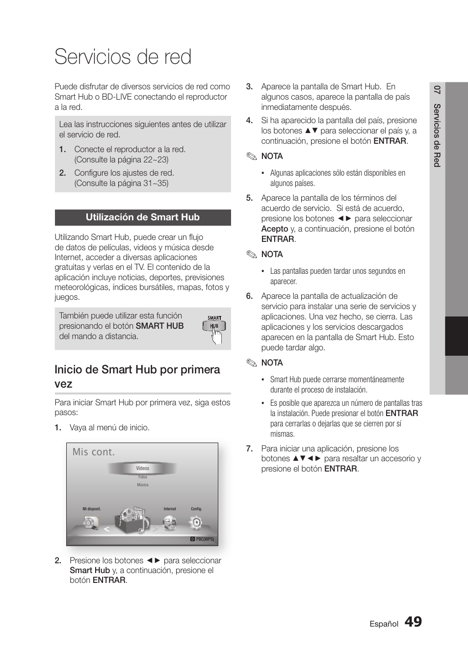 Servicios de red, Inicio de smart hub por primera vez | Samsung BD-D5300 User Manual | Page 117 / 135