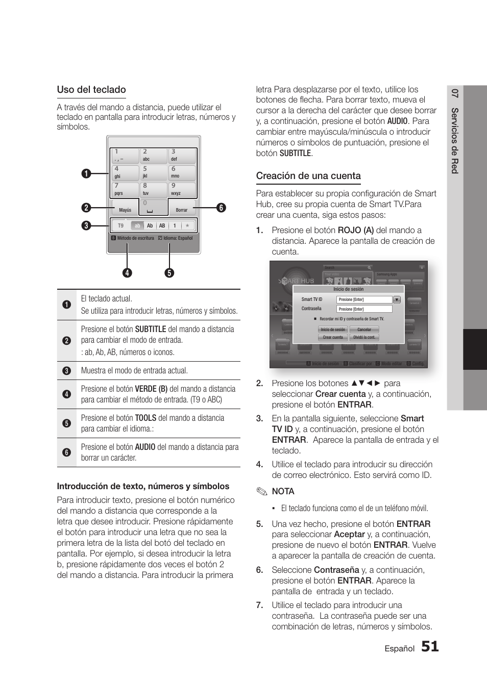 Uso del teclado, Creación de una cuenta, 07 servicios de red | Cuenta. presione los botones ▲▼◄► para, Español | Samsung BD-D5300 User Manual | Page 119 / 135