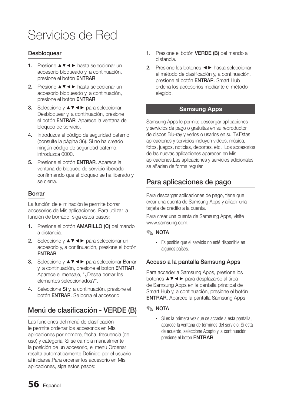 Servicios de red, Menú de clasificación - verde (b), Para aplicaciones de pago | Samsung BD-D5300 User Manual | Page 124 / 135
