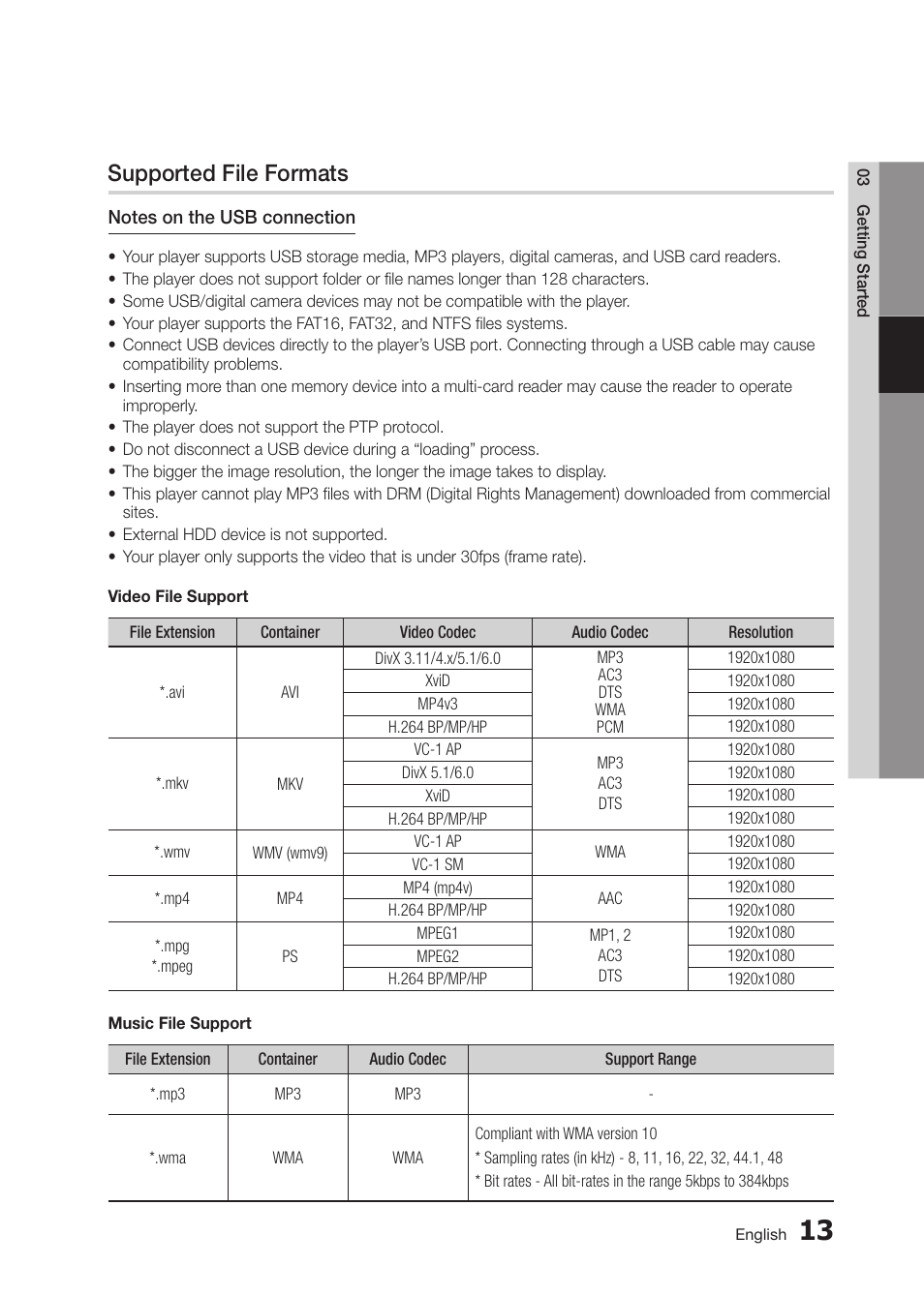 Supported file formats | Samsung BD-D5300 User Manual | Page 13 / 135