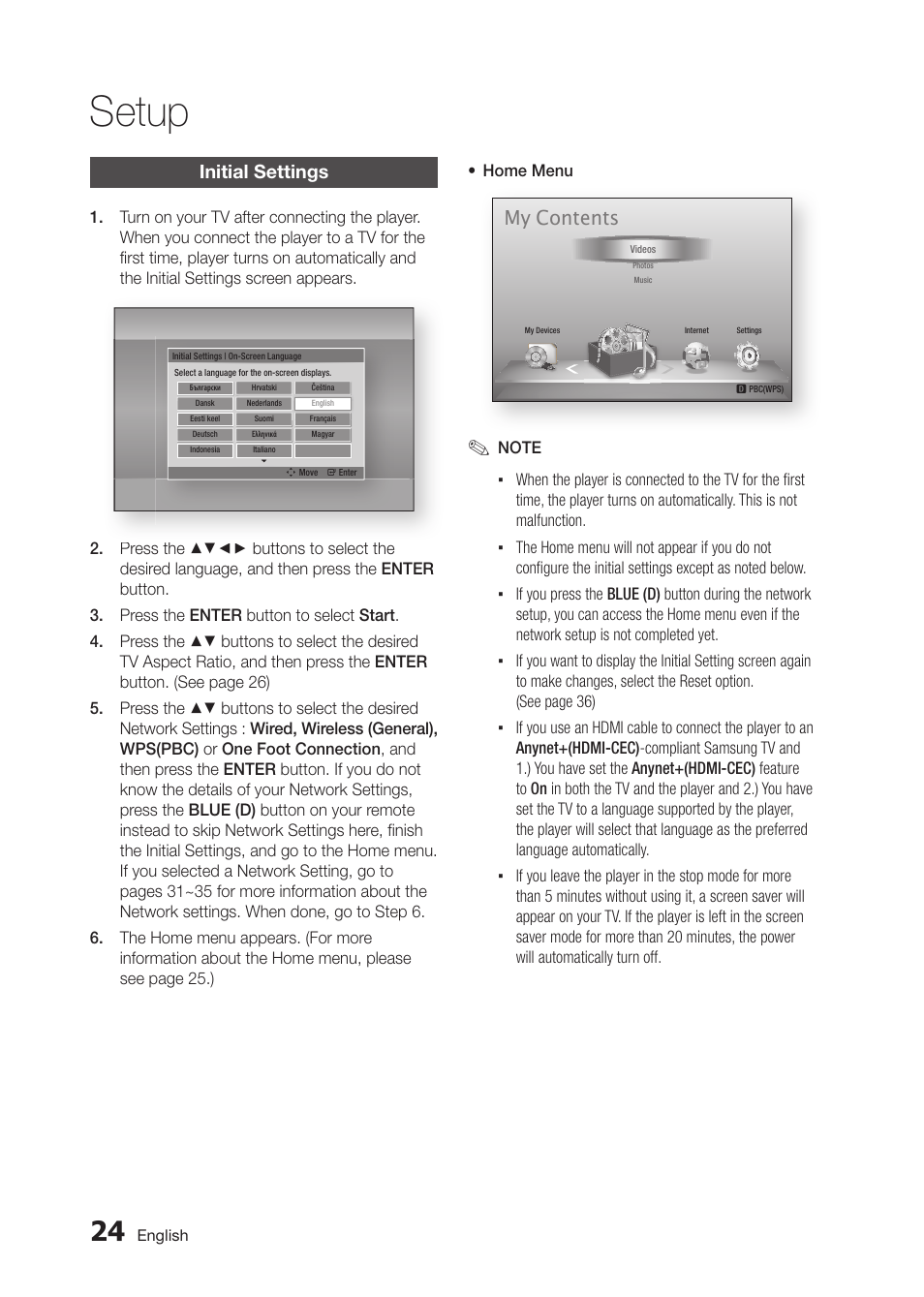 Setup, My contents | Samsung BD-D5300 User Manual | Page 24 / 135