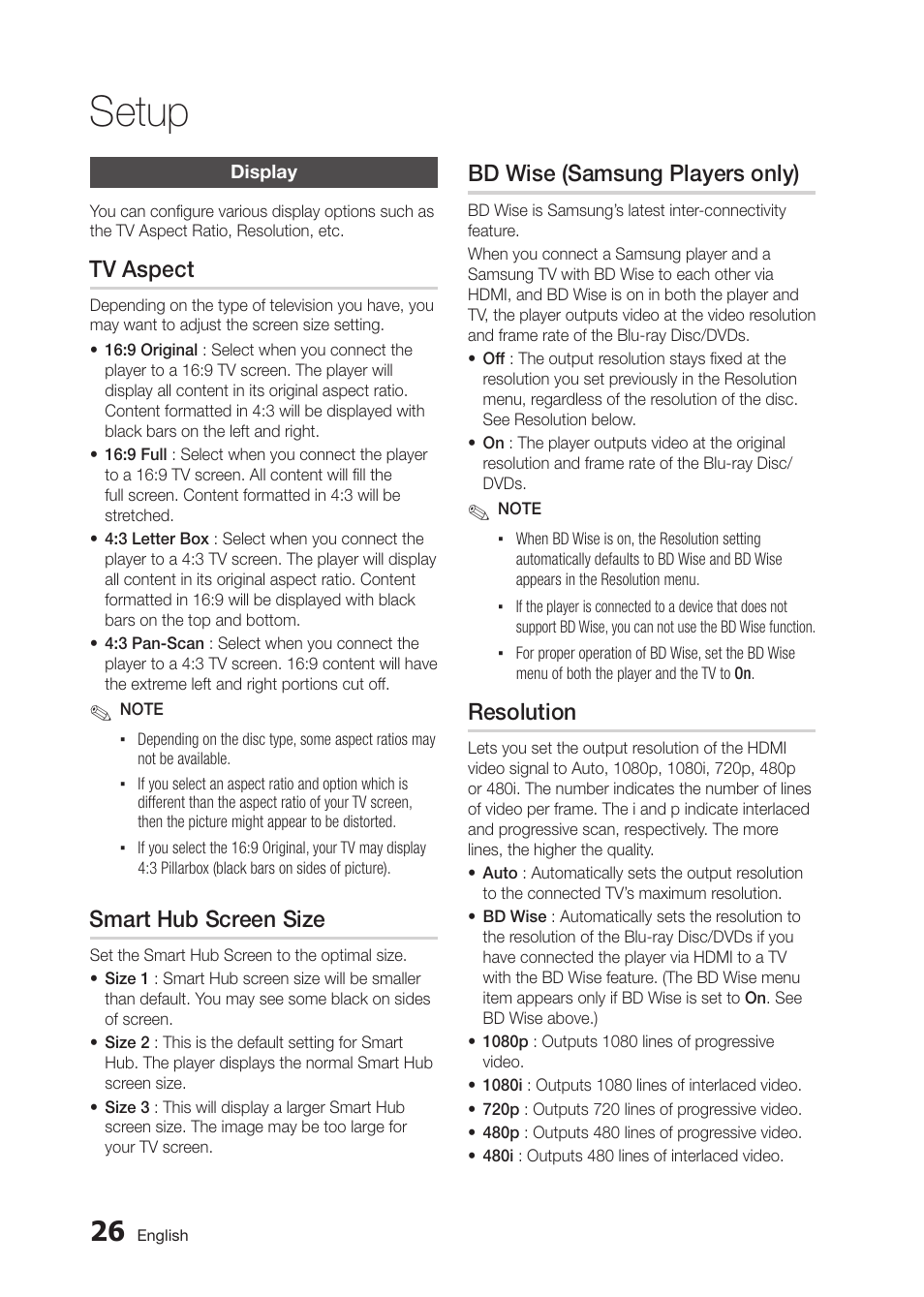 Setup, Tv aspect, Smart hub screen size | Bd wise (samsung players only), Resolution | Samsung BD-D5300 User Manual | Page 26 / 135