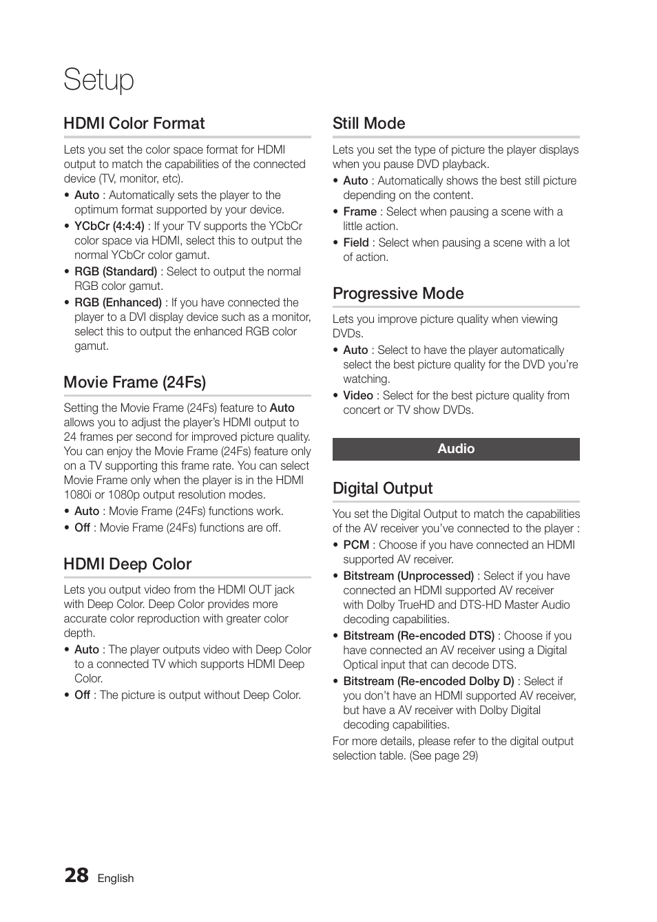 Setup, Hdmi color format, Movie frame (24fs) | Hdmi deep color, Still mode, Progressive mode, Digital output | Samsung BD-D5300 User Manual | Page 28 / 135