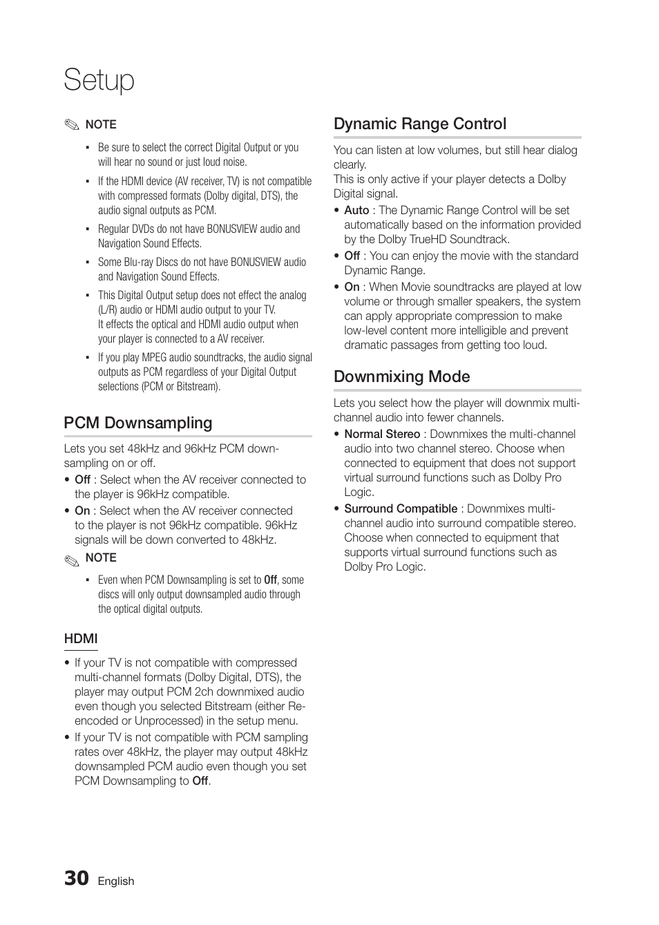 Setup, Dynamic range control, Downmixing mode | Pcm downsampling | Samsung BD-D5300 User Manual | Page 30 / 135