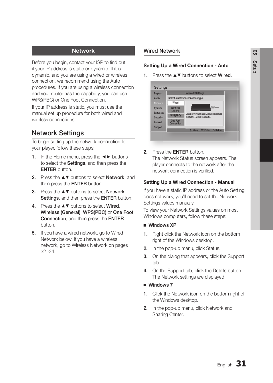Network settings, Network, Wired network | Samsung BD-D5300 User Manual | Page 31 / 135